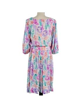 Willi of California‎ Womens Floral Watercolor Midi Dress Belted 10 Vintage 80s